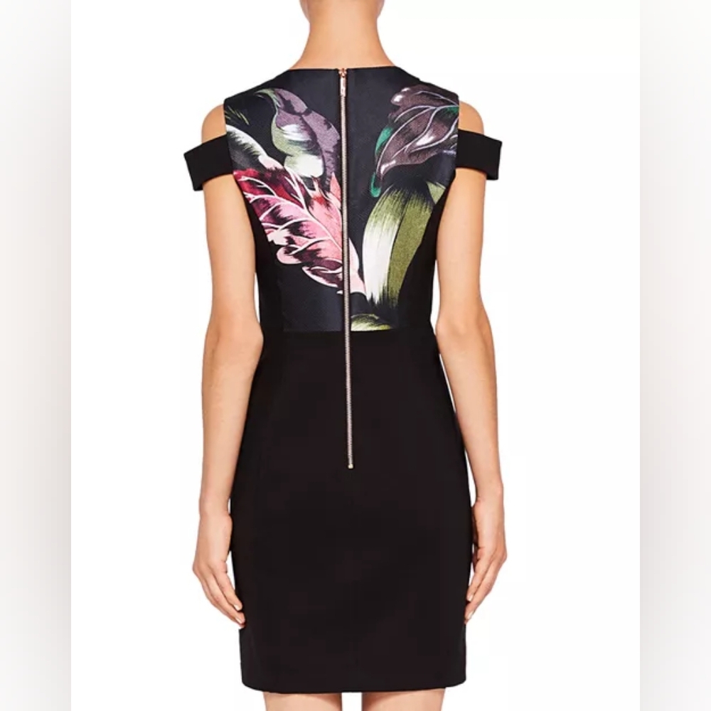 Black Floral Cold-Shoulder Sheath Dress - Picture 12 of 13
